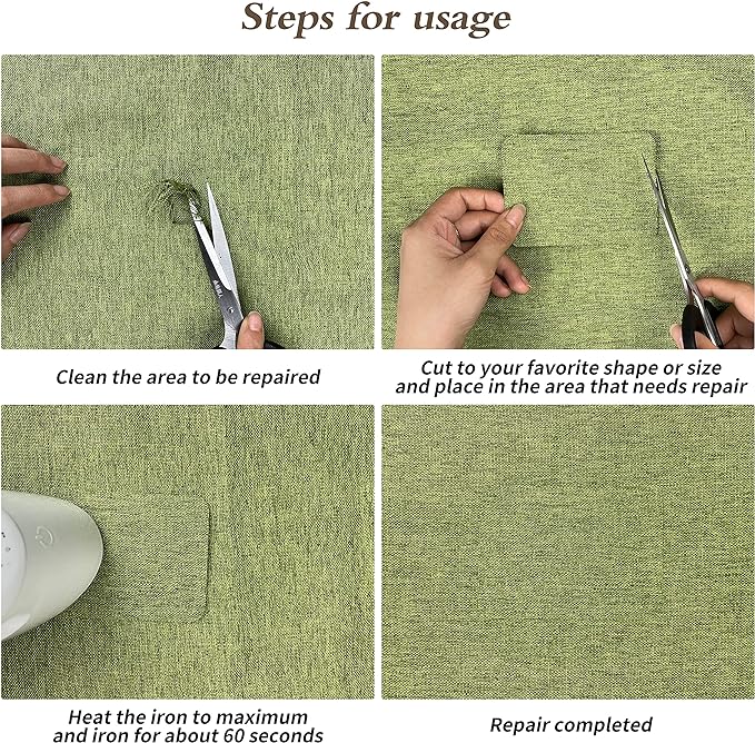King Mountain Premium Linen Fabric Iron-on Repair Patch Kit, 3"x60" with Backing Glue, Decorative Patch for Inside & Outside Fabric Repair (Linen, Grass Green)